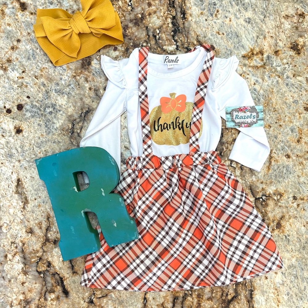 Fall Plaid Suspender Skirt, Glittery Pumpkin Girls